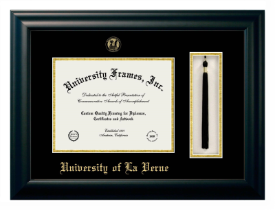 University of La Verne Diploma with Tassel Box Frame in Satin Black with Black & Gold Mats for document: 8 1/2"h x 11"w  