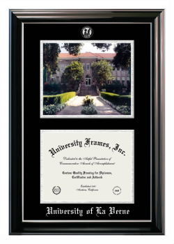 University of La Verne Double Opening with Campus Image (Stacked) Frame in Classic Ebony with Silver Trim with Black & Silver Mats for document: 8 1/2"h x 11"w  