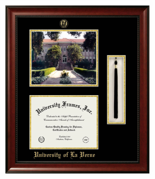 University of La Verne Double Opening with Campus Image & Tassel Box (Stacked) Frame in Avalon Mahogany with Black & Gold Mats for document: 8 1/2"h x 11"w  