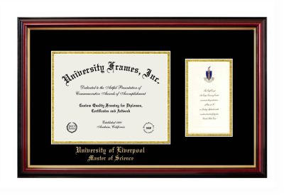 University of Liverpool Master of Science Diploma with Announcement Frame in Petite Mahogany with Gold Trim with Black & Gold Mats for document: 8 1/2"h x 11"w  , diploma: 7"h x 4"w  