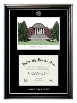 University of Louisville Double Opening with Campus Image (Stacked) Frame in Classic Ebony with Silver Trim with Black & Silver Mats for document: 8 1/2"h x 11"w  