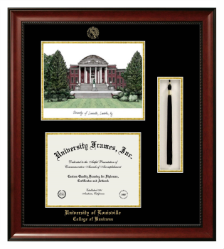 University of Louisville College of Business Double Opening with Campus Image & Tassel Box (Stacked) Frame in Avalon Mahogany with Black & Gold Mats for document: 8 1/2"h x 11"w  