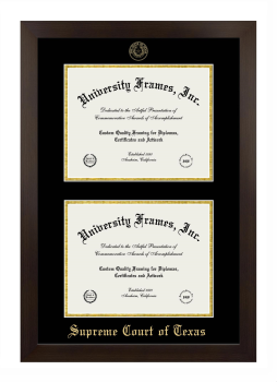 Supreme Court of Texas Double Diploma Frame in Manhattan Espresso with Black & Gold Mats for document: 8 1/2"h x 11"w  , document: 8 1/2"h x 11"w  