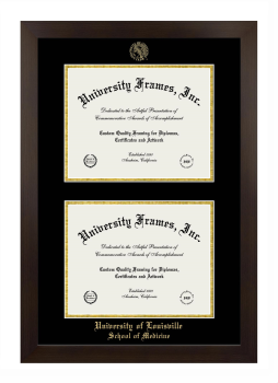 University of Louisville School of Medicine Double Diploma Frame in Manhattan Espresso with Black & Gold Mats for document: 8 1/2"h x 11"w  , document: 8 1/2"h x 11"w  