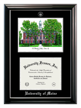 University of Maine (at Orono) Double Opening with Campus Image (Stacked) Frame in Classic Ebony with Silver Trim with Black & Silver Mats for document: 8 1/2"h x 11"w  