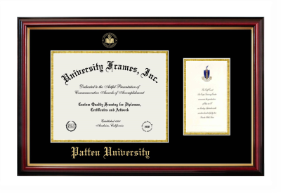 Patten University Diploma with Announcement Frame in Petite Mahogany with Gold Trim with Black & Gold Mats for document: 8 1/2"h x 11"w  , diploma: 7"h x 4"w  