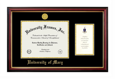 University of Mary Diploma with Announcement Frame in Petite Mahogany with Gold Trim with Black & Gold Mats for document: 8 1/2"h x 11"w  , diploma: 7"h x 4"w  