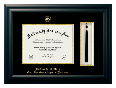 University of Mary Gary Tharaldson School of Business Diploma with Tassel Box Frame in Satin Black with Black & Gold Mats for document: 8 1/2"h x 11"w  