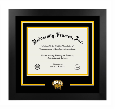 University of Maryland Baltimore County Logo Mat Frame in Manhattan Black with Black & Amber Mats for document: 8 1/2"h x 11"w  