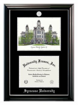 Syracuse University Double Opening with Campus Image (Stacked) Frame in Classic Ebony with Silver Trim with Black & Silver Mats for document: 8 1/2"h x 11"w  