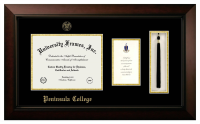 Peninsula College Diploma with Announcement & Tassel Box Frame in Legacy Black Cherry with Black & Gold Mats for document: 8 1/2"h x 11"w  , diploma: 7"h x 4"w  