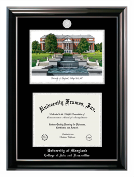 University of Maryland College of Arts and Humanities Double Opening with Campus Image (Stacked) Frame in Classic Ebony with Silver Trim with Black & Silver Mats for document: 8 1/2"h x 11"w  