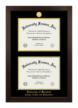 University of Maryland College of Arts and Humanities Double Diploma Frame in Manhattan Espresso with Black & Gold Mats for document: 8 1/2"h x 11"w  , document: 8 1/2"h x 11"w  