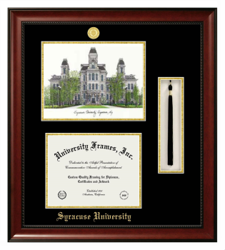 Syracuse University Double Opening with Campus Image & Tassel Box (Stacked) Frame in Avalon Mahogany with Black & Gold Mats for document: 8 1/2"h x 11"w  