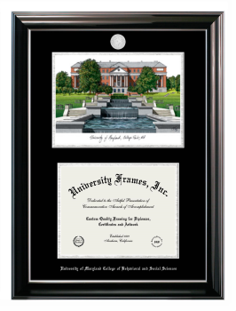 University of Maryland College of Behavioral and Social Sciences Double Opening with Campus Image (Stacked) Frame in Classic Ebony with Silver Trim with Black & Silver Mats for document: 8 1/2"h x 11"w  