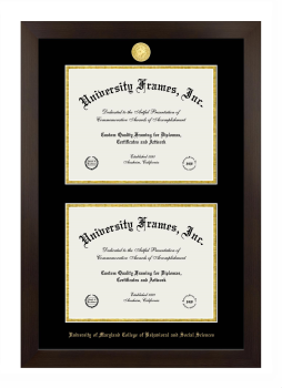 University of Maryland College of Behavioral and Social Sciences Double Diploma Frame in Manhattan Espresso with Black & Gold Mats for document: 8 1/2"h x 11"w  , document: 8 1/2"h x 11"w  