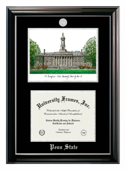Penn State Double Opening with Campus Image (Stacked) Frame in Classic Ebony with Silver Trim with Black & Silver Mats for document: 8 1/2"h x 11"w  