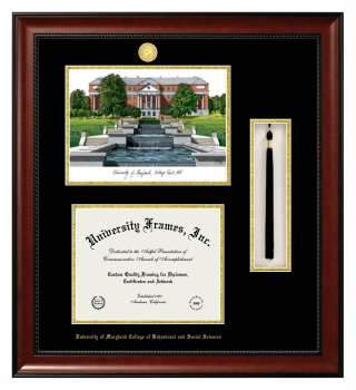 University of Maryland College of Behavioral and Social Sciences Double Opening with Campus Image & Tassel Box (Stacked) Frame in Avalon Mahogany with Black & Gold Mats for document: 8 1/2"h x 11"w  