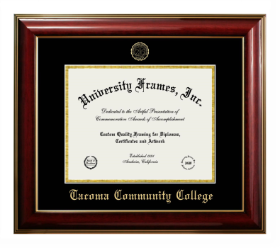 Tacoma Community College Diploma Frame in Classic Mahogany with Gold Trim with Black & Gold Mats for document: 8 1/2"h x 11"w  
