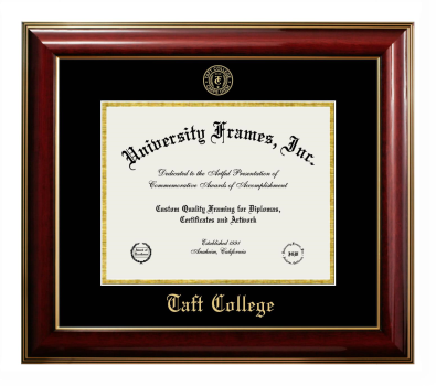 Taft College Diploma Frame in Classic Mahogany with Gold Trim with Black & Gold Mats for document: 8 1/2"h x 11"w  