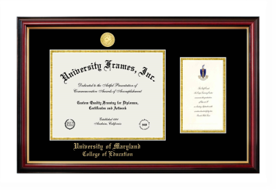 University of Maryland College of Education Diploma with Announcement Frame in Petite Mahogany with Gold Trim with Black & Gold Mats for document: 8 1/2"h x 11"w  , diploma: 7"h x 4"w  