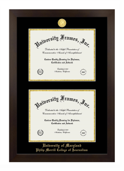 University of Maryland Philip Merrill College of Journalism Double Diploma Frame in Manhattan Espresso with Black & Gold Mats for document: 8 1/2"h x 11"w  , document: 8 1/2"h x 11"w  