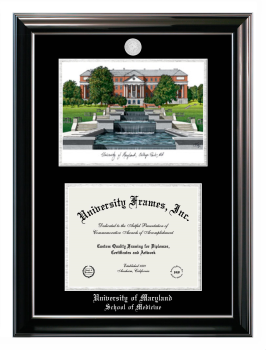 University of Maryland School of Medicine Double Opening with Campus Image (Stacked) Frame in Classic Ebony with Silver Trim with Black & Silver Mats for document: 8 1/2"h x 11"w  