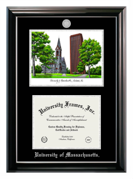 University of Massachusetts Double Opening with Campus Image (Stacked) Frame in Classic Ebony with Silver Trim with Black & Silver Mats for document: 8 1/2"h x 11"w  