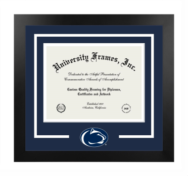 Pennsylvania State University Logo Mat Frame in Manhattan Black with Navy Blue & White Mats for document: 8 1/2"h x 11"w  