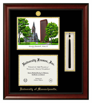University of Massachusetts Double Opening with Campus Image & Tassel Box (Stacked) Frame in Avalon Mahogany with Black & Gold Mats for document: 8 1/2"h x 11"w  