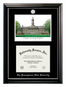 Pennsylvania State University Double Opening with Campus Image (Stacked) Frame in Classic Ebony with Silver Trim with Black & Silver Mats for document: 8 1/2"h x 11"w  