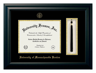 University of Massachusetts Boston Diploma with Tassel Box Frame in Satin Black with Black & Gold Mats for document: 8 1/2"h x 11"w  