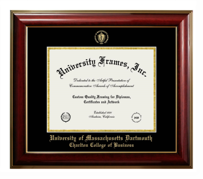 University of Massachusetts Dartmouth Charlton College of Business Diploma Frame in Classic Mahogany with Gold Trim with Black & Gold Mats for document: 8 1/2"h x 11"w  