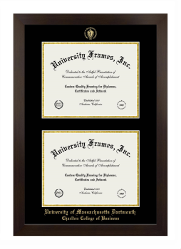 University of Massachusetts Dartmouth Charlton College of Business Double Diploma Frame in Manhattan Espresso with Black & Gold Mats for document: 8 1/2"h x 11"w  , document: 8 1/2"h x 11"w  