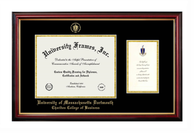 University of Massachusetts Dartmouth Charlton College of Business Diploma with Announcement Frame in Petite Mahogany with Gold Trim with Black & Gold Mats for document: 8 1/2"h x 11"w  , diploma: 7"h x 4"w  