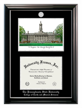 Pennsylvania State University College of Earth and Mineral Sciences Double Opening with Campus Image (Stacked) Frame in Classic Ebony with Silver Trim with Black & Silver Mats for document: 8 1/2"h x 11"w  