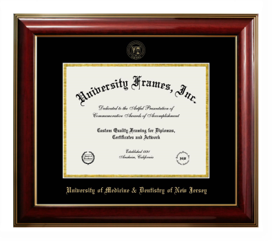 University of Medicine & Dentistry of New Jersey (UMDNJ) Diploma Frame in Classic Mahogany with Gold Trim with Black & Gold Mats for document: 8 1/2"h x 11"w  