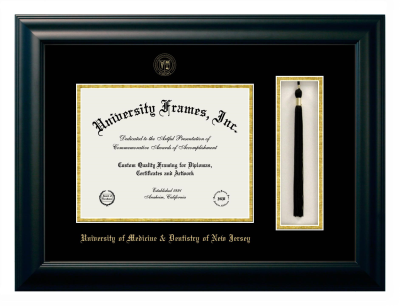 University of Medicine & Dentistry of New Jersey (UMDNJ) Diploma with Tassel Box Frame in Satin Black with Black & Gold Mats for document: 8 1/2"h x 11"w  