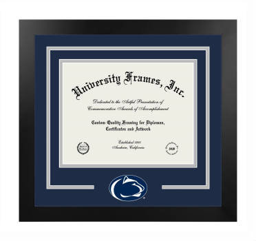 Pennsylvania State University College of Information Sciences and Technology Logo Mat Frame in Manhattan Black with Navy Blue & Gray Mats for document: 8 1/2"h x 11"w  