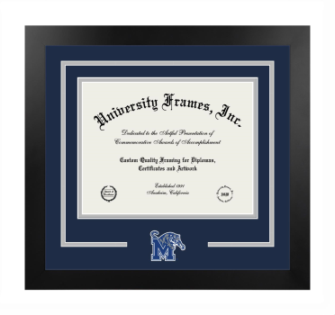 University of Memphis Logo Mat Frame in Manhattan Black with Navy Blue & Gray Mats for document: 8 1/2"h x 11"w  