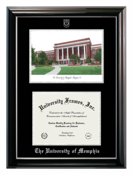University of Memphis Double Opening with Campus Image (Stacked) Frame in Classic Ebony with Silver Trim with Black & Silver Mats for document: 8 1/2"h x 11"w  