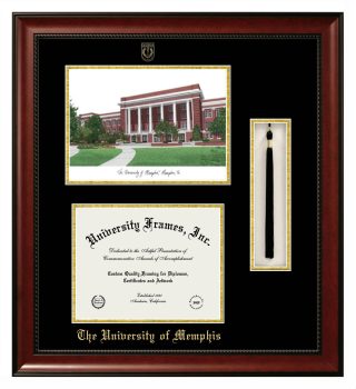 University of Memphis Double Opening with Campus Image & Tassel Box (Stacked) Frame in Avalon Mahogany with Black & Gold Mats for document: 8 1/2"h x 11"w  