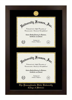 Pennsylvania State University College of Medicine Double Diploma Frame in Manhattan Espresso with Black & Gold Mats for document: 8 1/2"h x 11"w  , document: 8 1/2"h x 11"w  