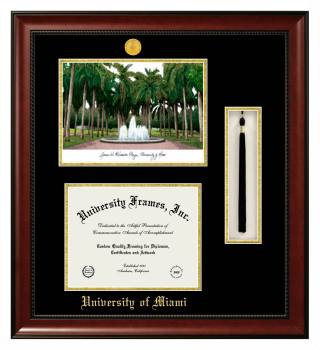 University of Miami Double Opening with Campus Image & Tassel Box (Stacked) Frame in Avalon Mahogany with Black & Gold Mats for document: 8 1/2"h x 11"w  