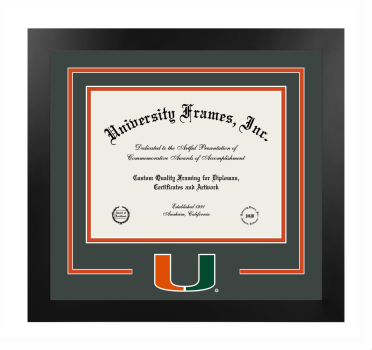 University of Miami Miller School of Medicine Logo Mat Frame in Manhattan Black with Forest Green & Orange Mats for document: 8 1/2"h x 11"w  