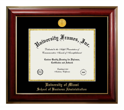 University of Miami School of Business Administration Diploma Frame in Classic Mahogany with Gold Trim with Black & Gold Mats for document: 8 1/2"h x 11"w  