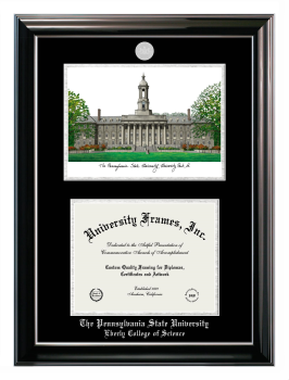Pennsylvania State University Eberly College of Science Double Opening with Campus Image (Stacked) Frame in Classic Ebony with Silver Trim with Black & Silver Mats for document: 8 1/2"h x 11"w  