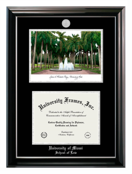 University of Miami School of Law Double Opening with Campus Image (Stacked) Frame in Classic Ebony with Silver Trim with Black & Silver Mats for document: 8 1/2"h x 11"w  