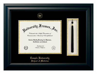 Temple University School of Medicine Diploma with Tassel Box Frame in Satin Black with Black & Gold Mats for document: 8 1/2"h x 11"w  
