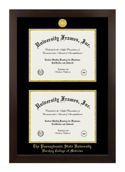 Pennsylvania State University Hershey College of Medicine Double Diploma Frame in Manhattan Espresso with Black & Gold Mats for document: 8 1/2"h x 11"w  , document: 8 1/2"h x 11"w  
